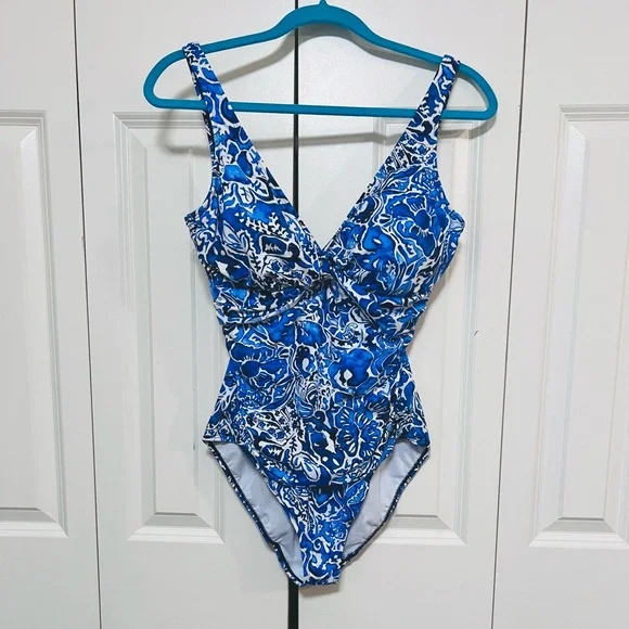 SOLD ☀️Ralph Lauren Women’s Tummy Slimming Blue Floral One Piece Swimsuit Sz 12 - Picture 3 of 13